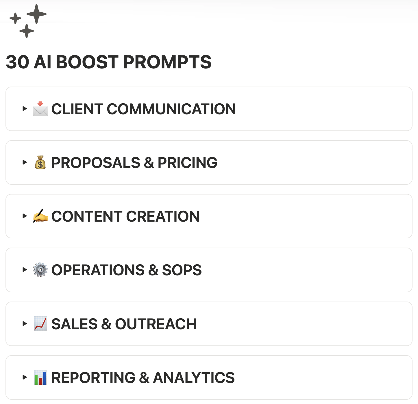 30 AI Boost Prompts — six operational categories