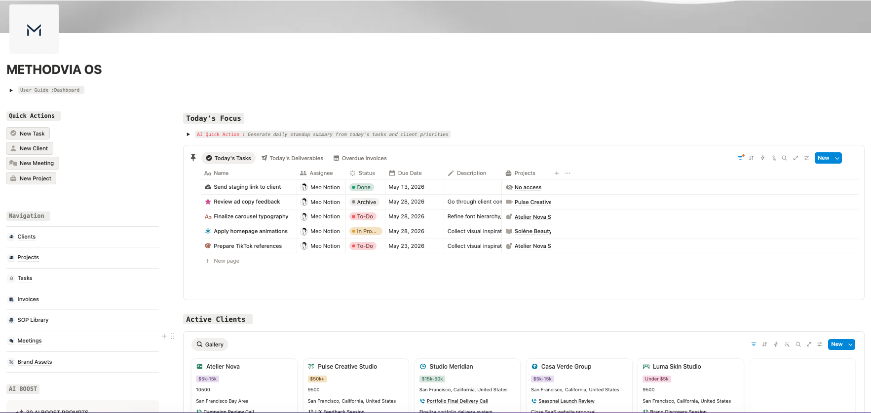 Methodvia OS Notion dashboard — today's focus, tasks, active clients and navigation in one workspace