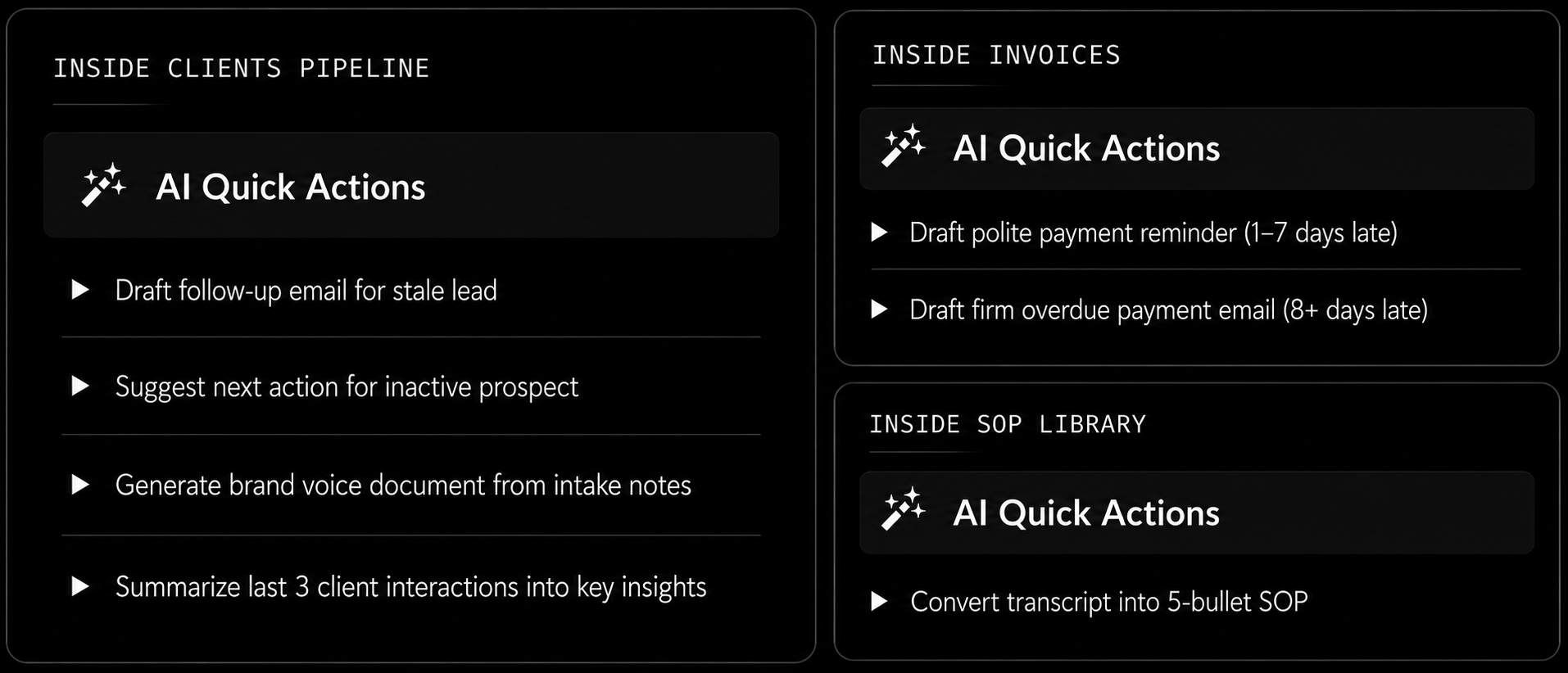AI Quick Actions inside Clients Pipeline, Invoices and SOP Library